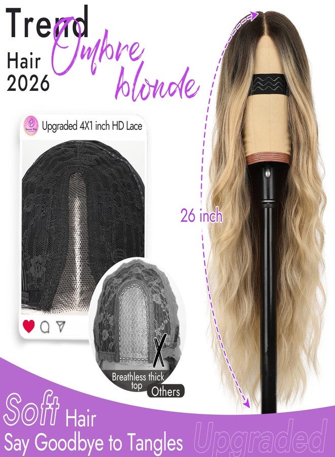 Eawwii Ombre Blonde Wig for Women Long Wavy 4x1 Lace Natural Hairline Glueless for Beginners Middle Part Synthetic for Daily Party Use 26Inch - Image 2